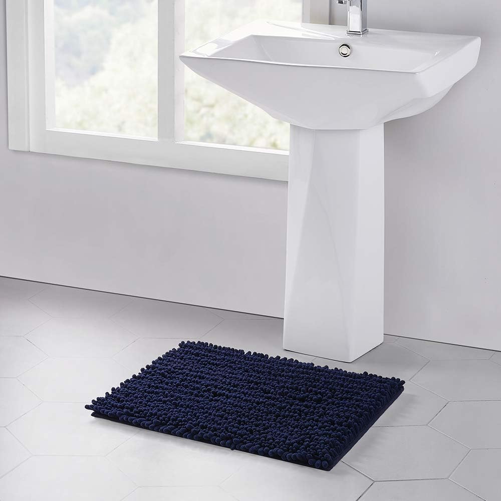 Walensee Bathroom Rug Non Slip Bath Mat (24x17 Inch Navy) Water Absorbent Super Soft Shaggy Chenille Machine Washable Dry Extra Thick Perfect Absorbant Best Small Plush Carpet for Shower Floor
