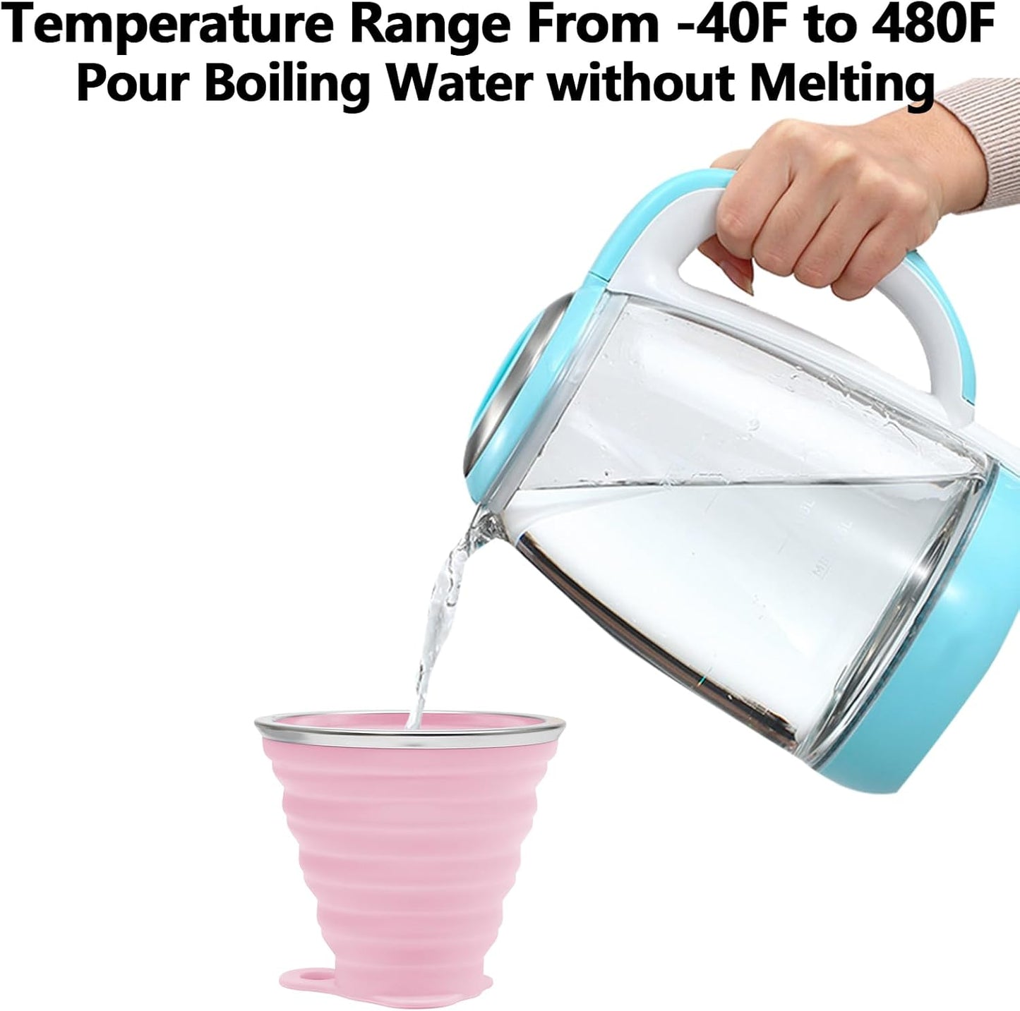 Litoexpe 2 Pack Silicone Collapsible Travel Cup Portable Folding Camping Cup Sets with Lids, Pink & Green, Capacity 9.22oz (270ml)