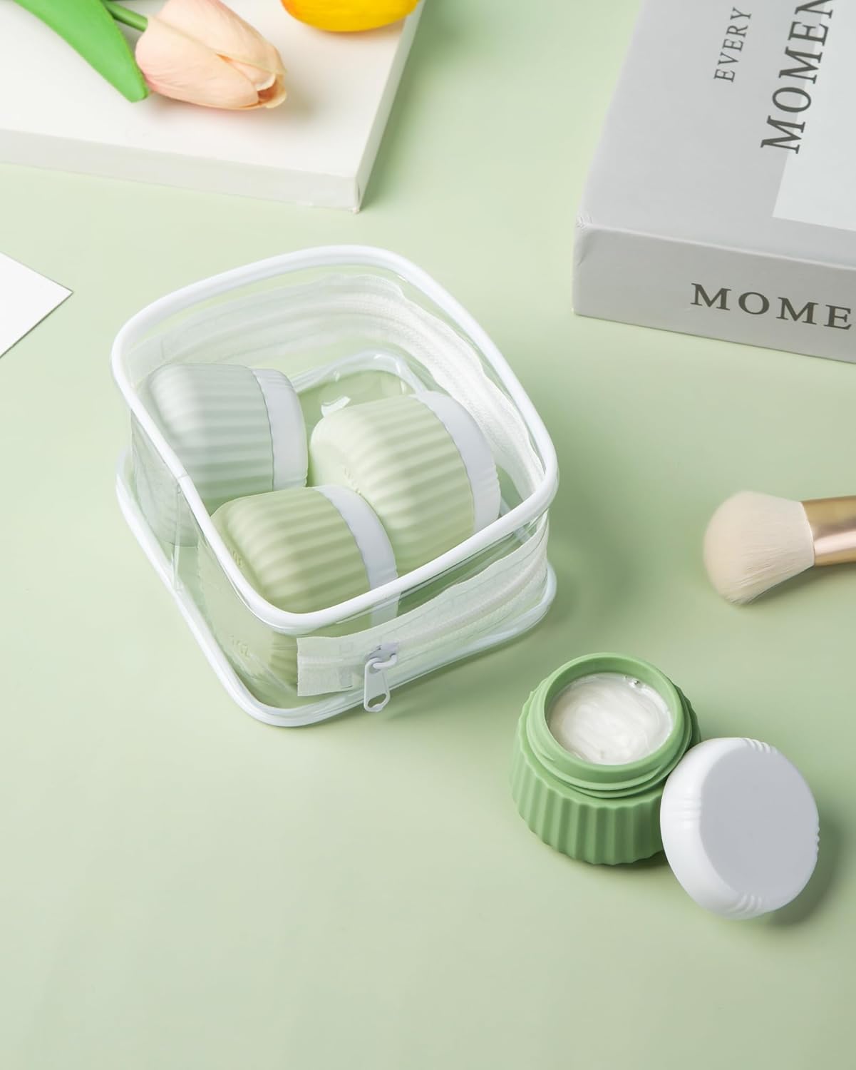 Travel Containers for Toiletries 4 Pack, TSA Approved Travel Size Toiletries, With Clear Bag Leak Proof Silicone Jars, Creams Jars Carrying Small Items