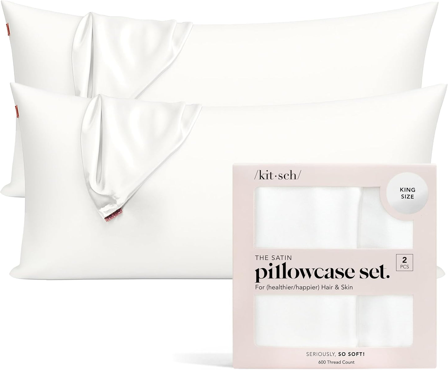 Kitsch Satin Pillowcase with Zipper for Hair & Skin, Softer Than Silk Pillow Cases Queen, Wrinkle-Free, Smooth and Cooling Satin Pillow Covers, King Size 19"x36" - Ivory, 2pcs