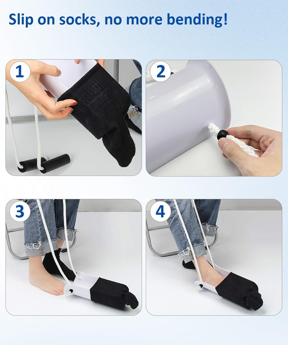 Sock Aids for Putting On Socks, No Bending Flexible Sock Aid Device with Shoe Horn Long-Handle Back Scratcher for Seniors/Disabled, Easy On and Off Sock Helpers (Basic)