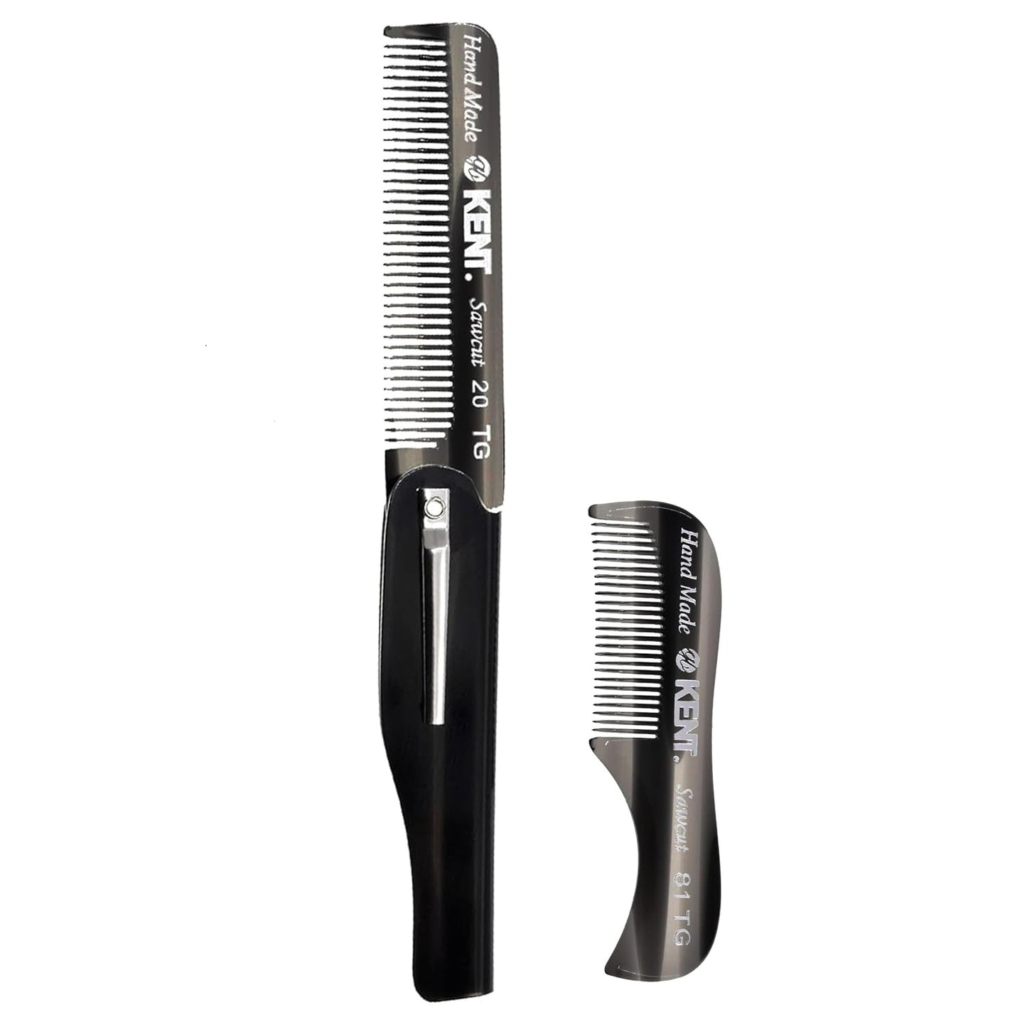 Kent 20T Handmade Fine Tooth Folding Comb + 81T Hand Made Pocket Comb for Beard and Mustache - Beard Growth/Fine Tooth Combs - Beard Straightener Grooming Kit