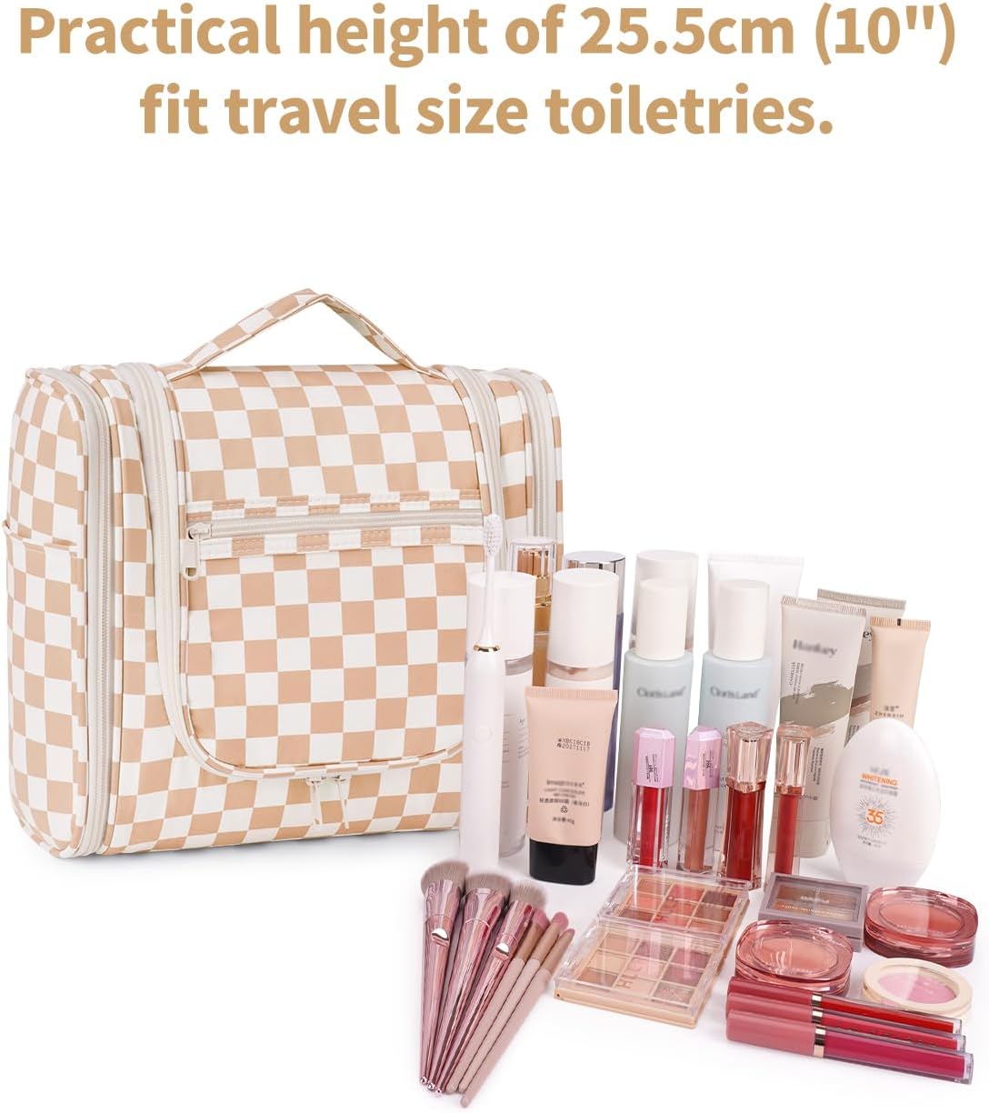 Narwey Checked Hanging Travel Toiletry Bag for Women, Travel Bag for Toiletries, Makeup Bag Organizer Cosmetic Bags Make Up Bags for Women (Light Checkerboard)