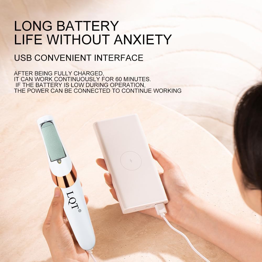 LQT® Electric Foot File – Rechargeable Callus Remover for Hard, Cracked Skin – at-Home Pedicure Kit for Smooth Feet (Men & Women) (White)