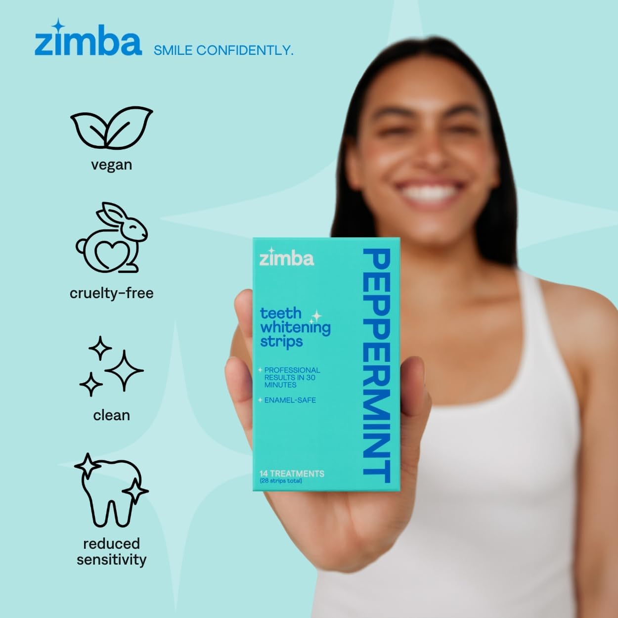 Zimba Peppermint Flavored Teeth Whitening Strips | Vegan, Enamel Safe Hydrogen Peroxide Teeth Whitener for Coffee, Wine, Tobacco, and Other Stains | 14 Day Treatment | Peppermint