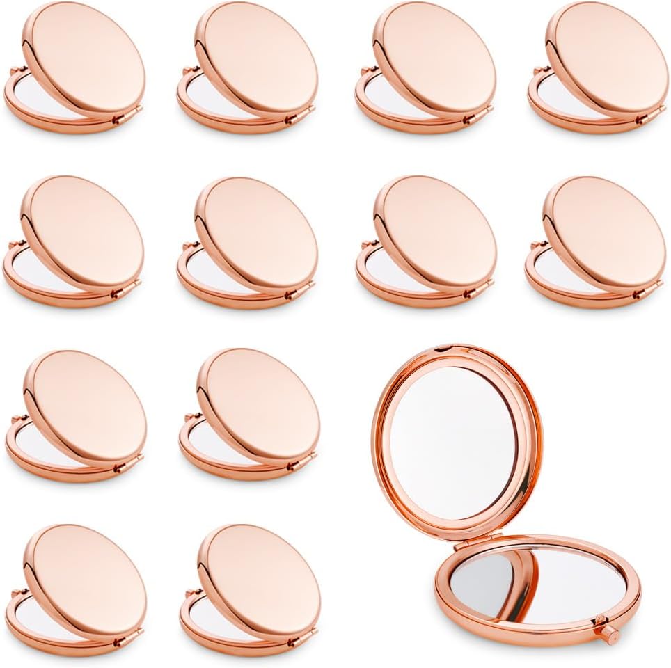 Compact Mirror, Pocket Travel Makeup Mirror for Purse, Metal Round Shell, 2-Sided 1X/2X Magnifying, Portable, Folding, Handheld, Rose Gold, 12 Pack