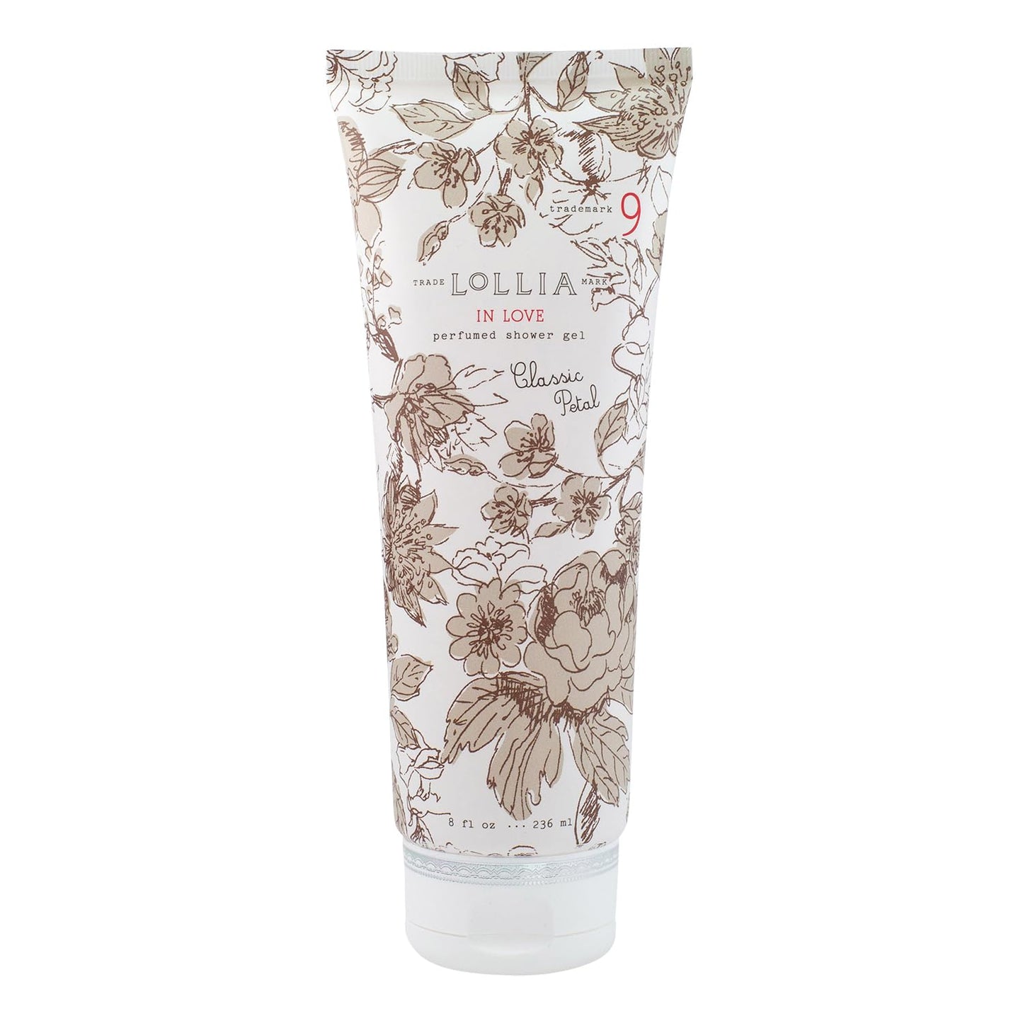 LOLLIA In Love Shower Gel, 8 fl oz, Classic Petals, Apple Blossom, Jasmine, & Living Rose, Luxury Shea Moisture Hydrating Women's Body Wash, Delicate & Relaxing Scented Bath Soap for Self Care