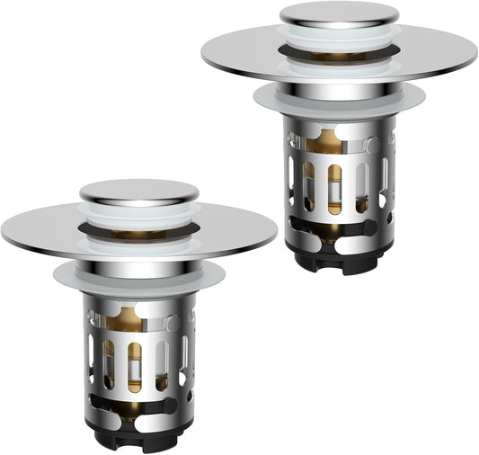 Hibbent 2 Pack 3 in 1 Bathroom Sink Drain Strainer, Universal Pop Up Stopper with Removable Stainless Steel Filter Basket Hair Catcher, Sink Plug for 1.1''~2.36'' Basin, Brass Bullet Core, Chrome