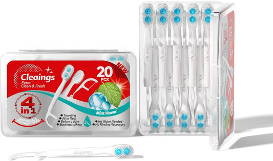 cleaings® Disposable Toothbrushes with Toothpaste - 4-in-1 Mini Travel Toothbrushes, Built-in Tongue Scraper, Floss & Picks for On-The-Go, Camping, Work (Mint)