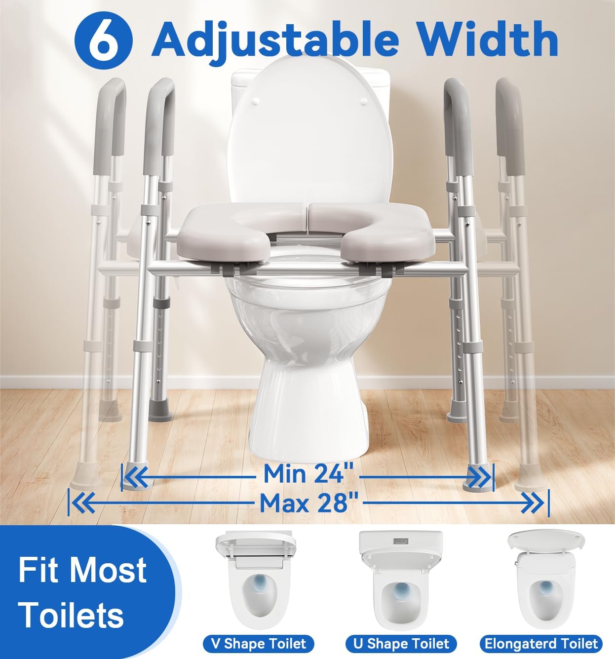 HOMLAND Raised Toilet Seat with Handles, Toilet Seat Riser for Seniors, Adjustable Height & Width, 400lb Elevated Handicap Toilet Seat, Fit Any Toilet, Grey