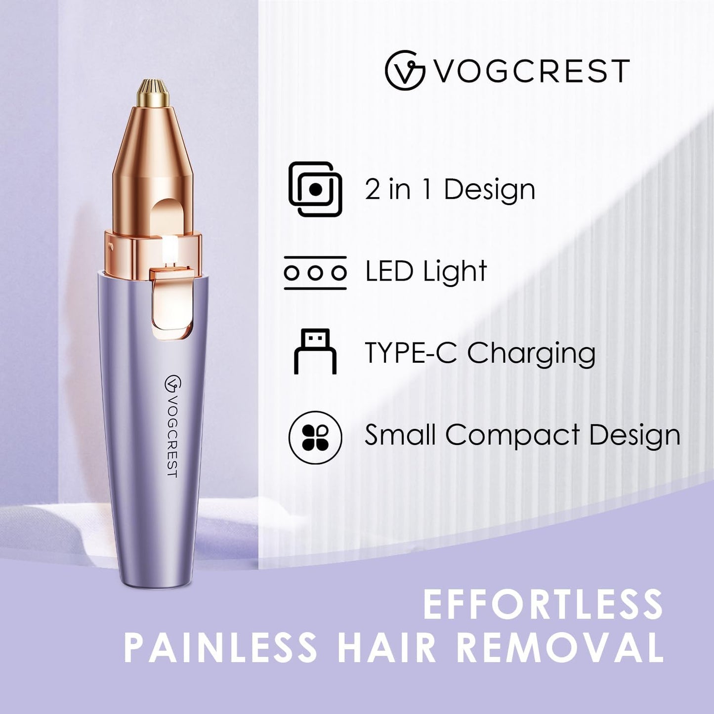 VG VOGCREST Eyebrow & Facial Trimmer: 2-in-1 Rechargeable Facial Hair Removal & Eyebrow Shaver - Painless Razor with Built-in LED Light (Solar Purple)