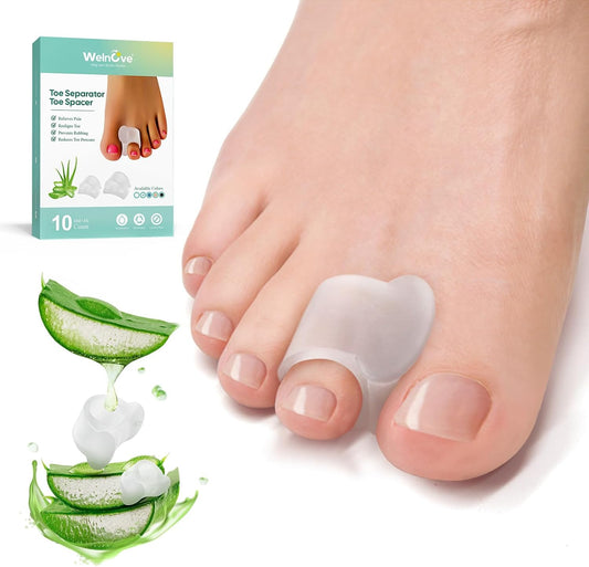 Welnove Gel Toe Separators - 10 Pack Toe Spacers with Aloe Vera Extract for Overlapping Toes, Bunions, Big Toe Alignment, Bunion Relief - Soft Silicone Toe Corrector for Men Women FSA or HSA Eligible