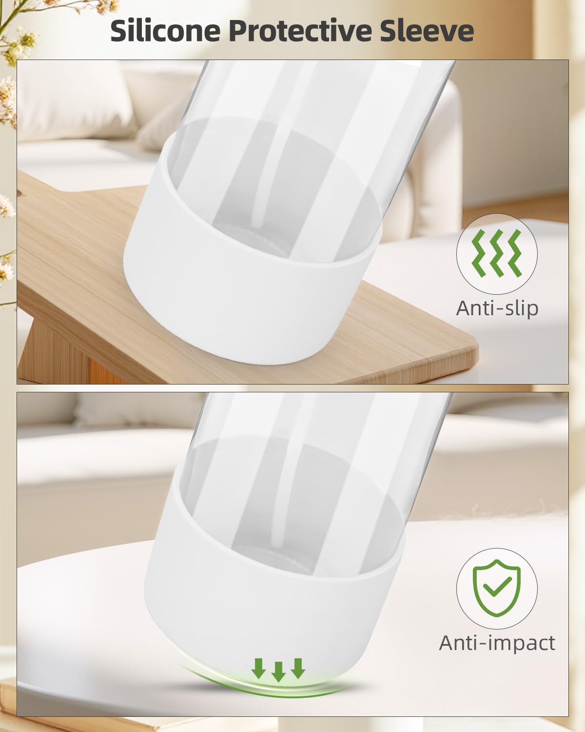 2 Pack Glass Spray Bottles 8 oz, Empty Refillable Containers with Silicone Sleeve Protection, Glass Spray Bottles for Cleaning Solutions, Hair and Plants with Adjustable Nozzles White