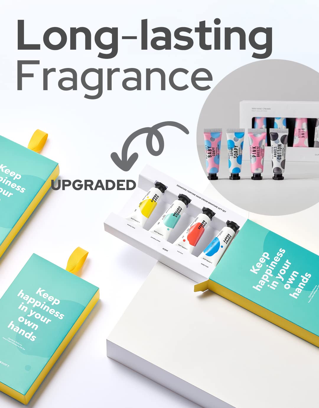 DUFT&DOFT Mini Hand Cream Gift Set - Non-Greasy With Shea Butter & Collagen - Nourishing & Hydrating Scented Cream (Pink Breeze/Sophy Soapy/Angels Cotton/Baby Soapy - Pack Of 4 (0.3 Fl Oz)