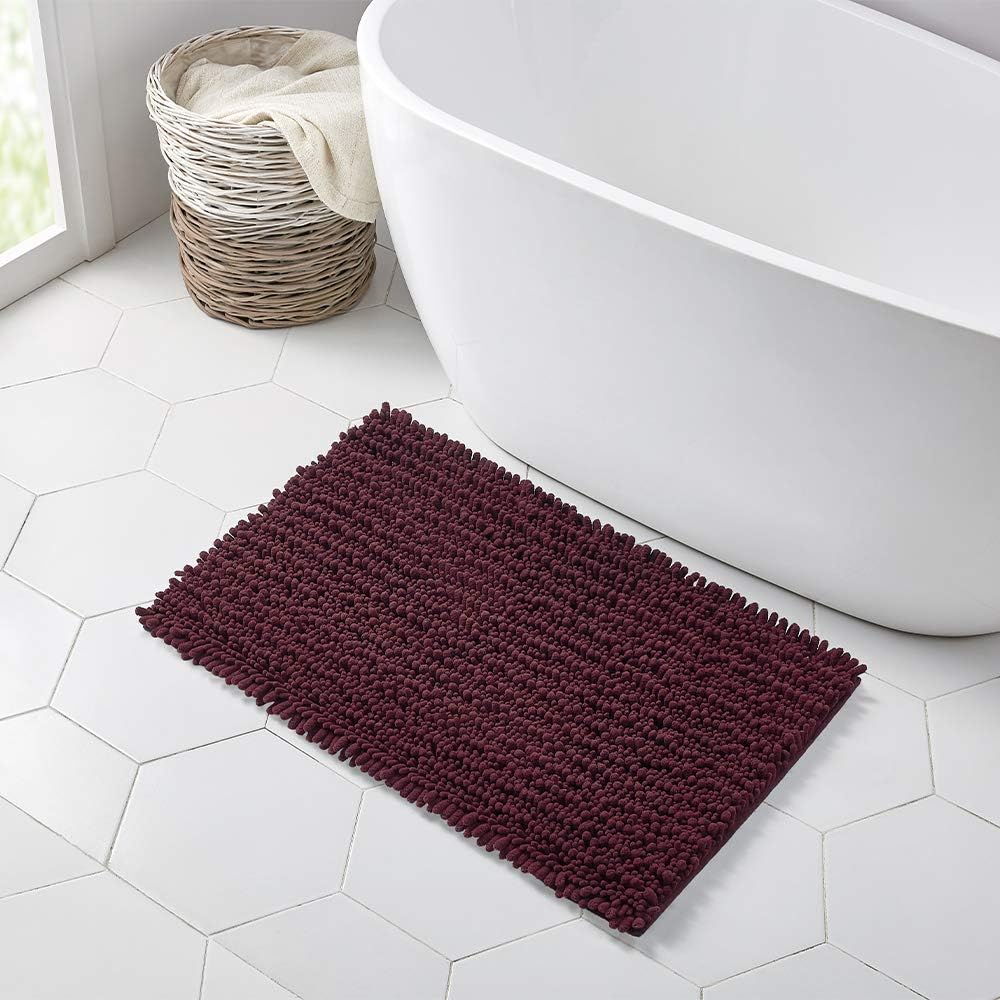 Walensee Bathroom Rug Non Slip Bath Mat (32x20 Inch Burgundy) Water Absorbent Super Soft Shaggy Chenille Machine Washable Dry Extra Thick Perfect Absorbant Best Large Plush Carpet for Shower Floor