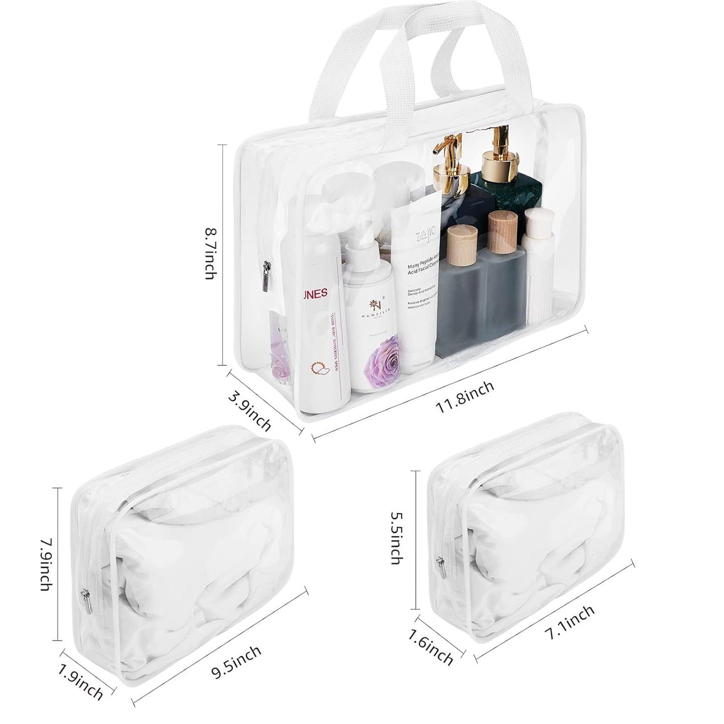 5Pcs Crystal Clear PVC Travel Toiletry Bag Kit for Women Men, Waterproof Vinyl Packing Organizer Storage Bags with Zipper Handle Straps, Cosmetic Pouch Carry on Airport Airline Compliant Bag Handbag