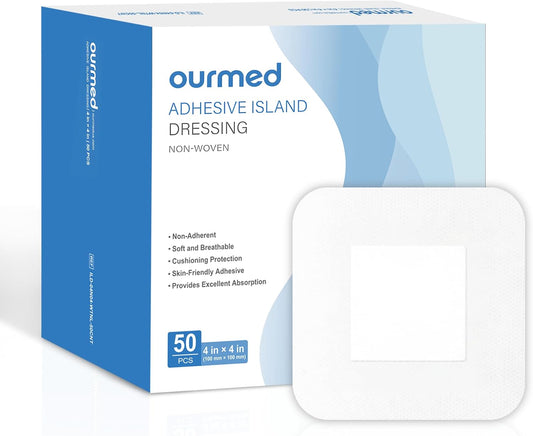 Island Dressing Bordered Gauze 4"x 4"(2"x 2" Absorbent Pad), Pack of 50, Self-Adhesive Sterile Dressing with Highly Absorbent, Latex& Rubber- Free, for Cuts and Scratches
