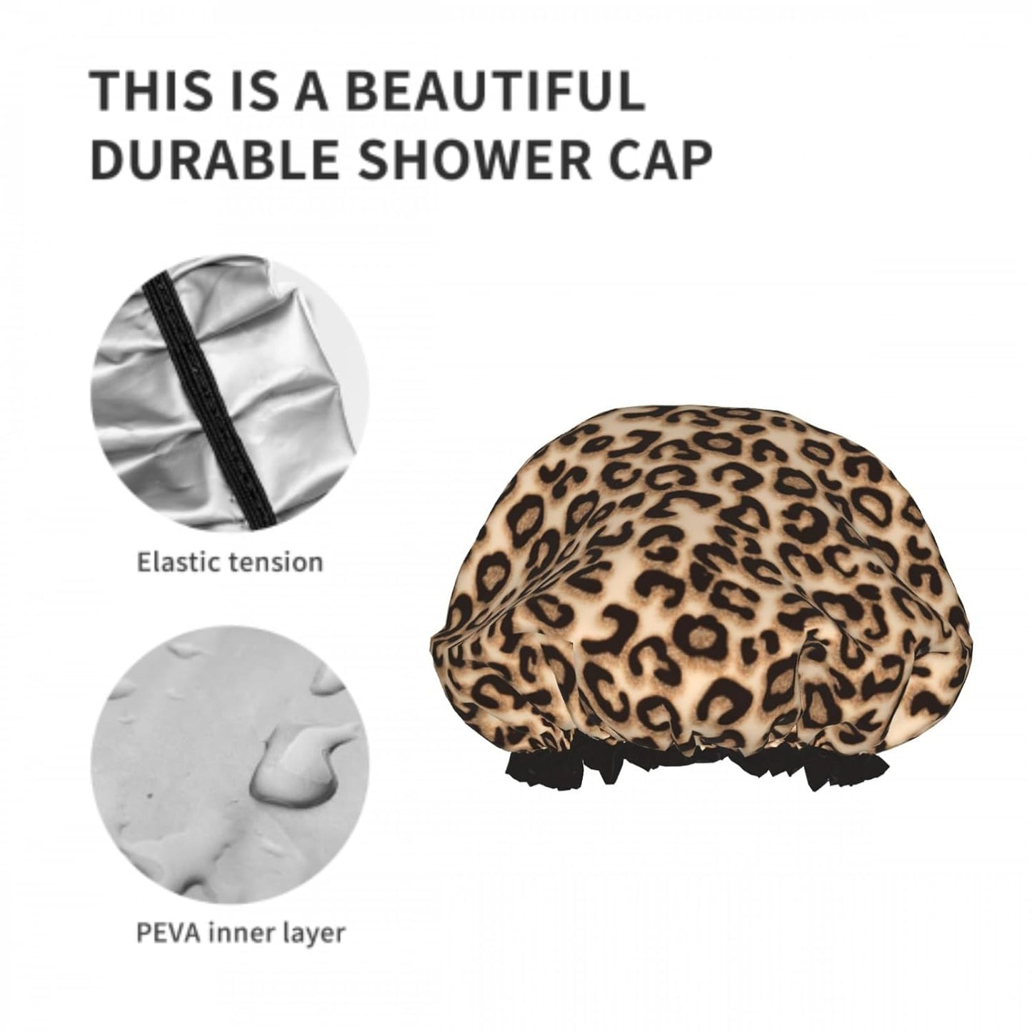Leopard Double Layer Waterproof Shower Cap for Women Reusable Fashion Bath Cap for All Long Hair Lengths Soft Bath Shower Hat