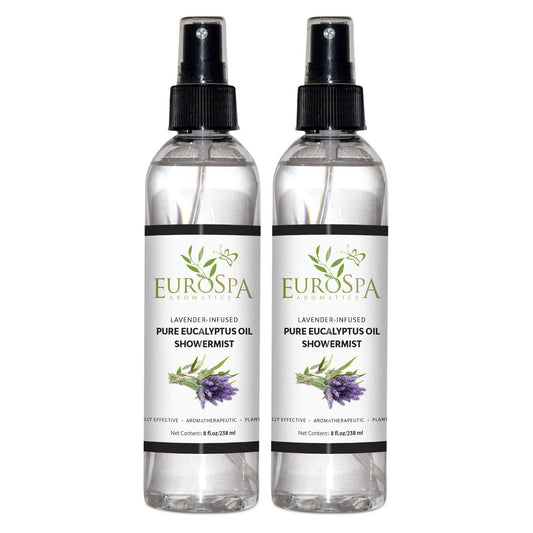 EuroSpa Aromatics Pure Eucalyptus Oil ShowerMist and Steam Room Spray, All-Natural Premium Aromatherapy Essential Oils - Lavender Infused, 8oz, 2 Pack