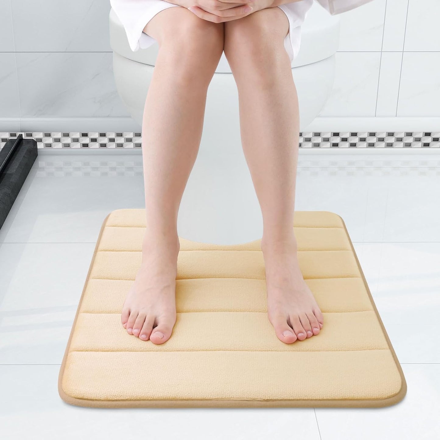 Buganda Memory Foam U-Shaped Contour Toilet Rugs, Non Slip Absorbent, Thick Soft Washable Bathroom Mat, Floor Carpet Bath Rugs Mat for Toilet Base (24" x 20", Gold)