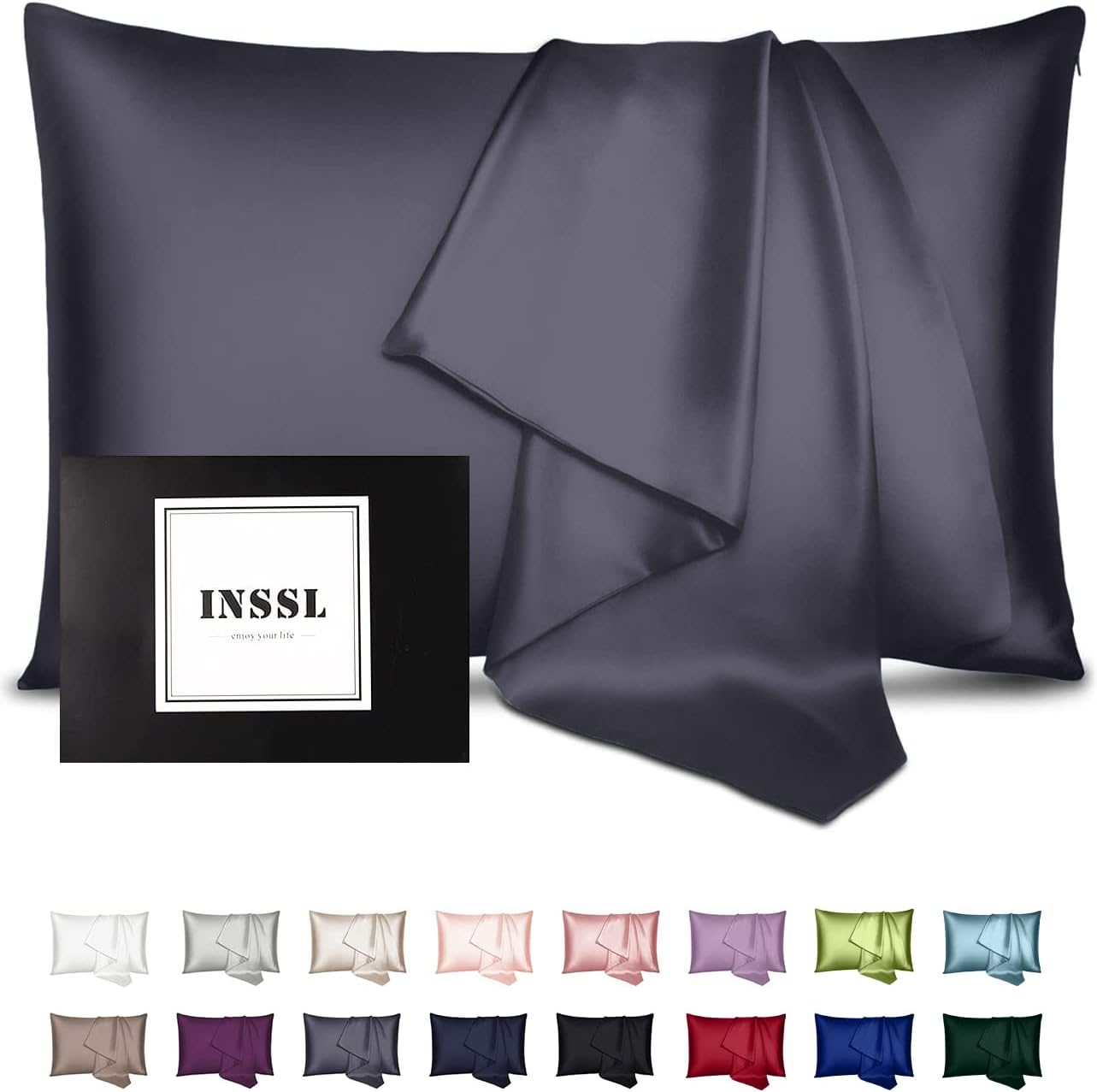 INSSL Silk Pillowcase for Women, Mulberry Silk Pillowcase for Hair and Skin and Stay Comfortable and Breathable During Sleep (King, Dark Grey)