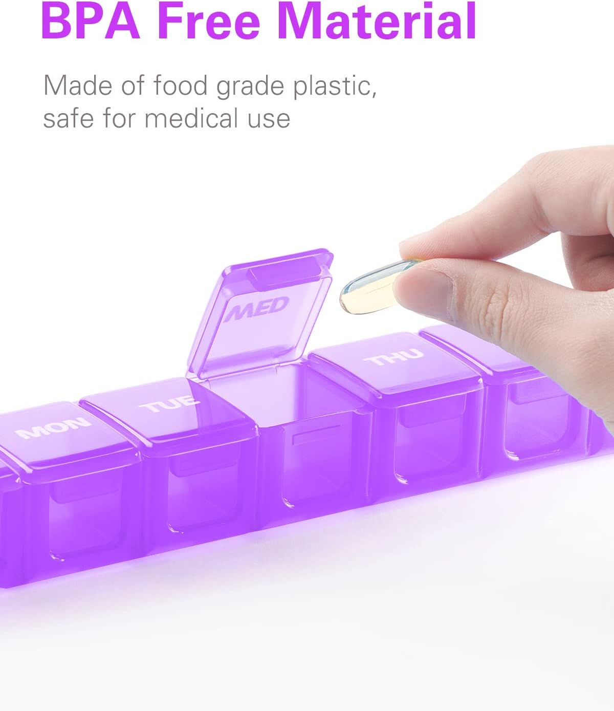 BUG HULL Weekly Pill Organizer Large 2 Packs, Extra Large Travel Pill Organizers, Pill Box 7 Day, Travel Pill Case, Medicine Pill Organizer for Vitamins, Supplements and Medication (White+Purple)