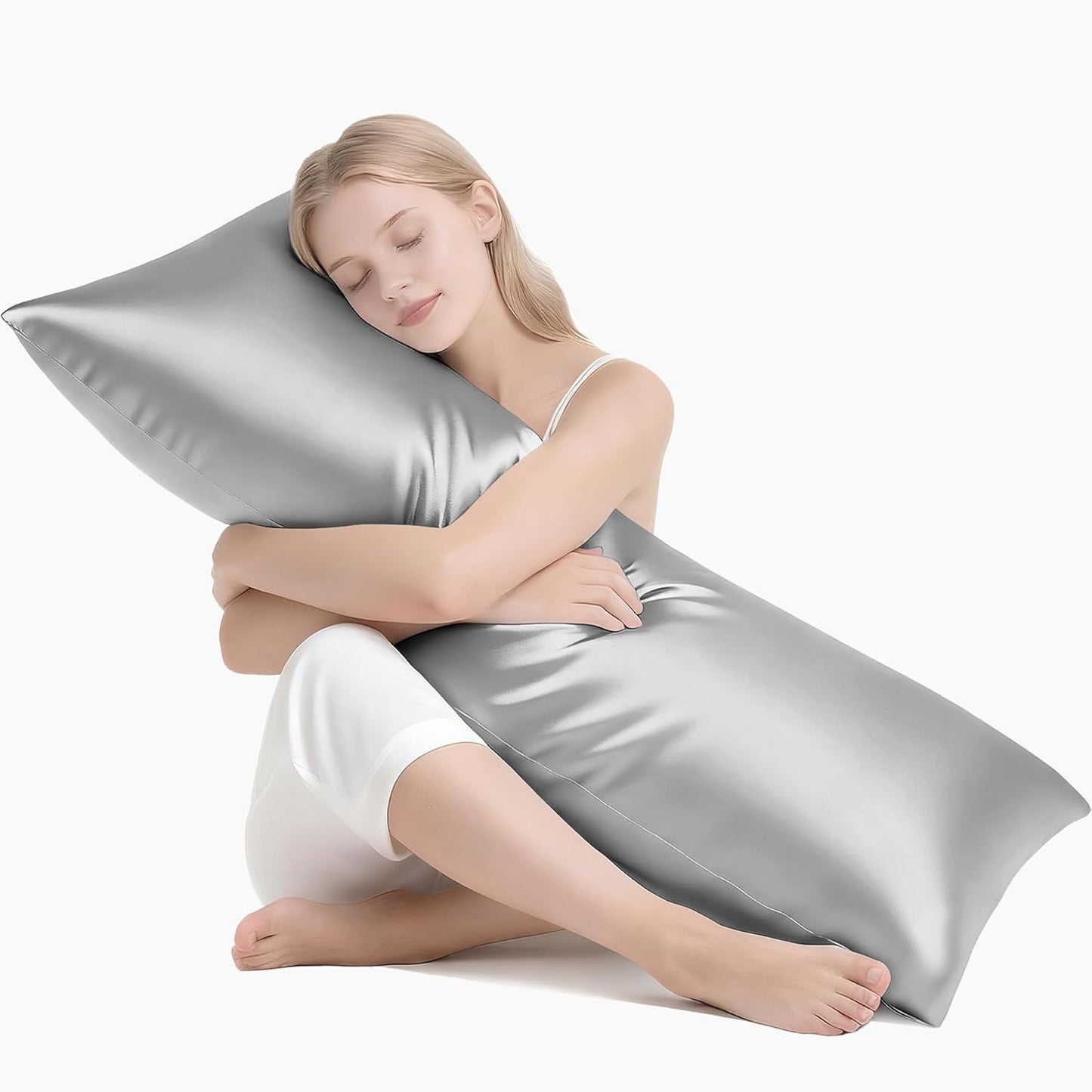 MR&HM Satin Body Pillow Cover, Soft and Breathable Body Pillow Case with Envelope Closure, Cooling and Silky Long Pillowcase for Hair and Skin,Grey (20x54, Silver Grey)