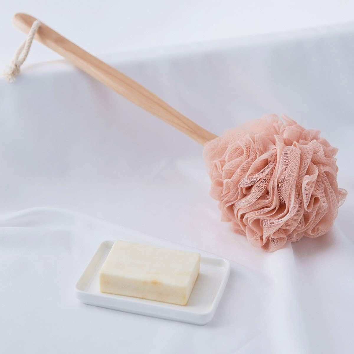 Loofah Back Scrubber for Shower, Wooden Long Handle Bath Sponge Lufa Shower Brush, Soft Nylon Mesh Back Cleaner Washer, Women & Men Exfoliating Luffa Pouf on a Stick for Body (Pink)