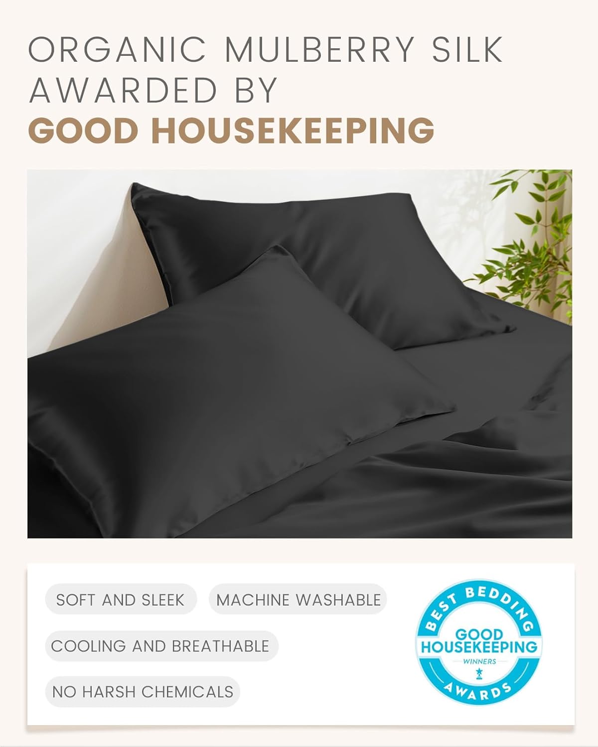 THXSILK Set of 2 100% Mulberry Silk Pillowcase for Hair and Skin, Both Sides 19 Momme Pure Natural Silk Pillowcases, Soft and Breathable Black Zipper Pillowcases, Queen Size 20"×30"