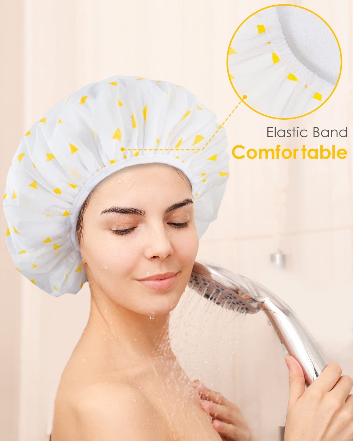 Auban Shower Cap, Shower Cap for Women Terry Cloth Lined EVA Exterior Reusable Double Layer Waterproof, Large Bath Hair Cap for All Hair Lengths (Yellow)
