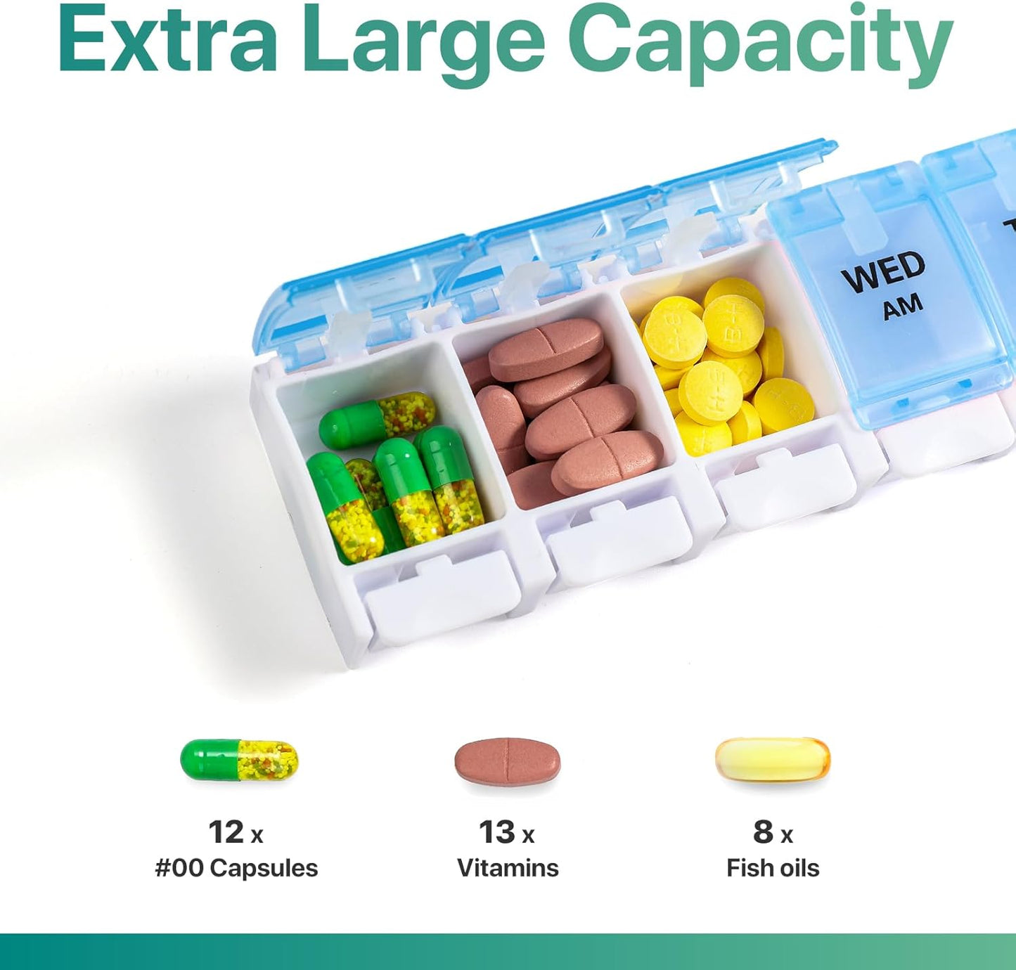 Sukuos AM PM Weekly Pill Organizer 7 Day, 2 Times A Day Medicine Pill Box with Easy Push Button, BPA Free Vitamin Cases for Fish Oil/Supplements, Easy to Clean (Yellow&Blue)