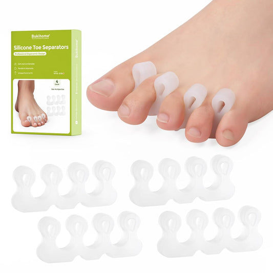 Bukihome Upgraded Gel Toe Separator - Pedicure Toe Spacers for Separating Toenails or Nails - Toe Spreader for Straightening Overlapping Toes, Bunions - Toe Stretcher for Men & Women (White, 4 Pack)