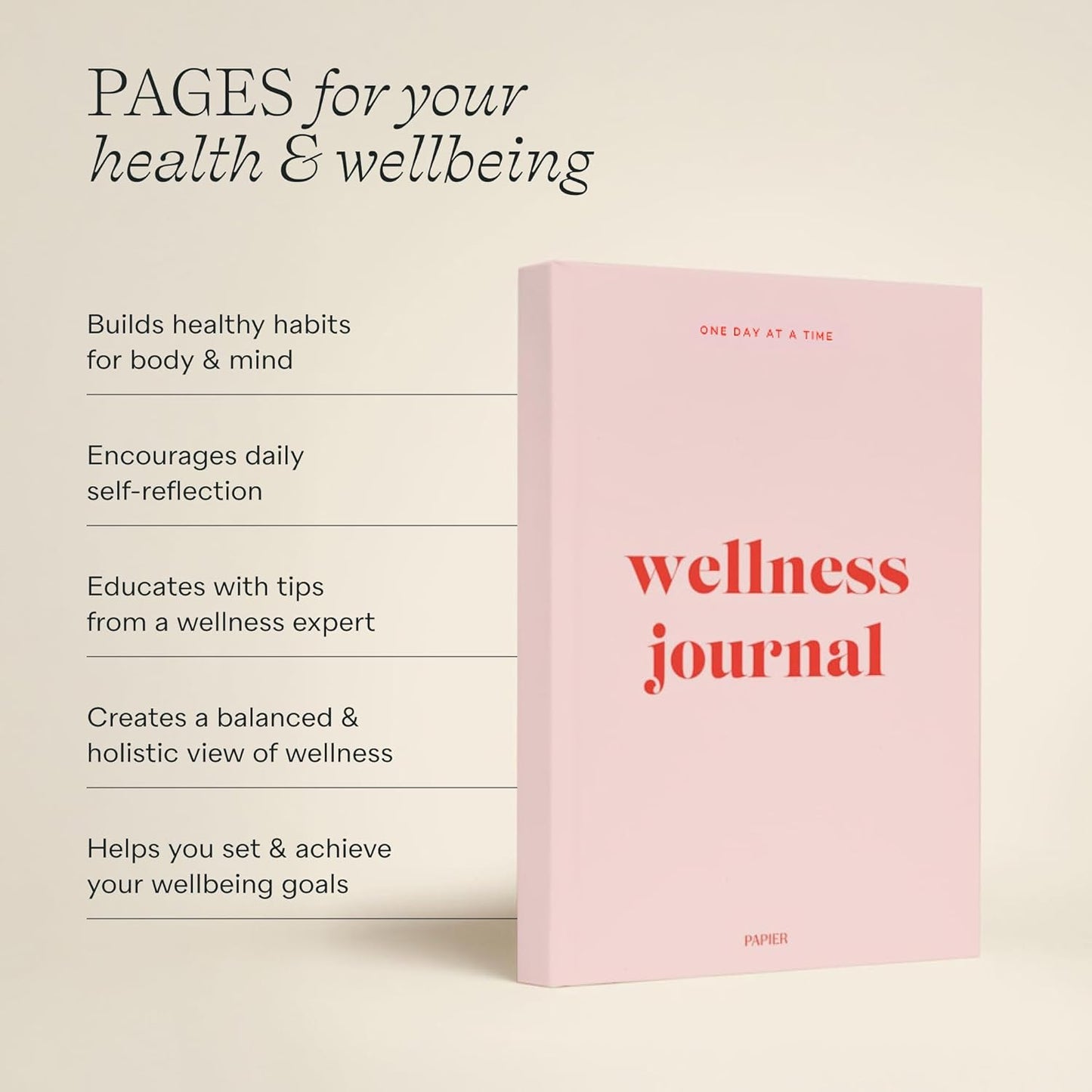 Papier Daily Wellness Journal Diary - Baby Pink, 8.46" L x 6.02" W | Hardback Cover Wellbeing, Gratitude & Mindset Diary for Personal Growth, Mindfulness & Reflection | Track Goals, Sleep & Lifestyle
