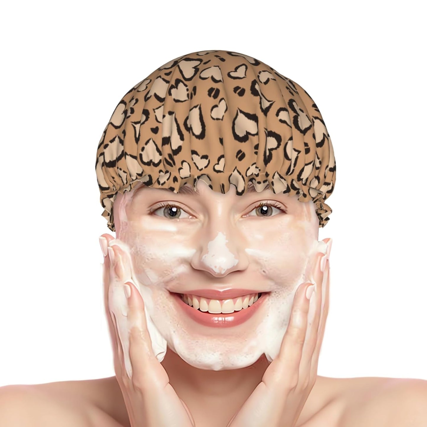 Leopard Print Shower Caps Brown Heart Dual-Layer Waterproof Bath Hat Reusable Hair Caps Elastic Hair Hat for Shower Cooking Clean Makeup Travel