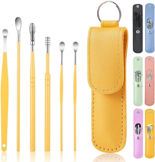 6 Pcs Ear Pick Earwax Removal Kit, Cleansing Tool Set, Curette Cleaner, 360degree Spiral Design Canal Cleaner Stainless Steel,with a Storage Box Portable Kit (Yellow), 11.7x2.8x2cm