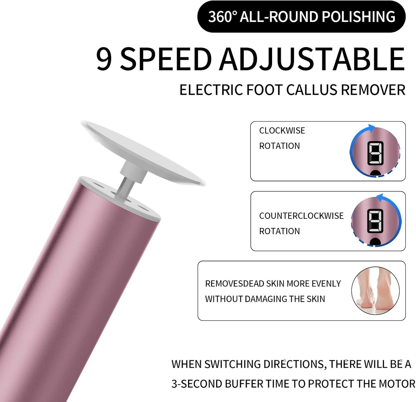 Professional Electric Foot File Tool -Callus Remover Rotating Grinder,1200mAh Rechargeable Battery, 1-Hour Continuous Use, Foot Drill & Sander,Adjustable Speed Foot Files for Deadskin(Pink+White)