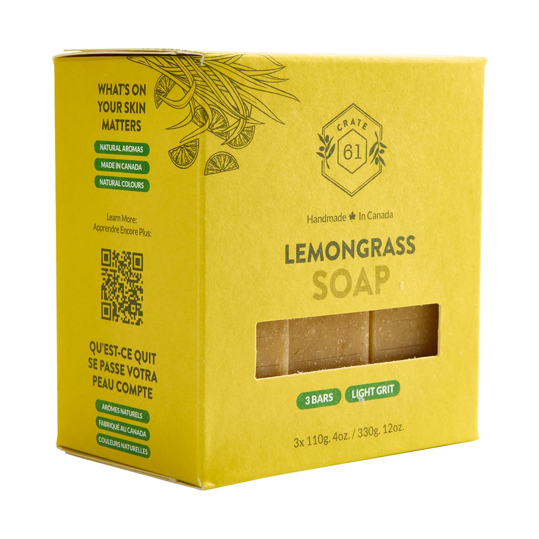 Crate 61 Organics, Handmade in Canada, Plant Based Cold Process Natural Bar Soap For Face And Body, With Premium Essential Oils, For Men And Women 3 Pack (Lemongrass)