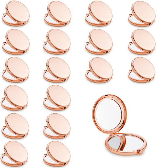 Compact Mirror, Pocket Travel Makeup Mirror for Purse, Metal Round Shell, 2-Sided 1X/2X Magnifying, Portable, Folding, Handheld, Rose Gold, 18 Pack