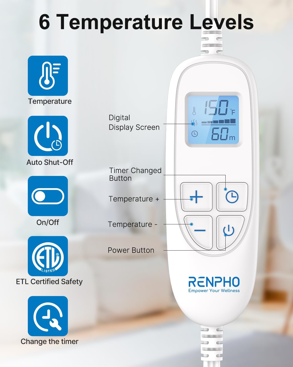 RENPHO Heating Pad for Neck and Shoulders and Back Pain Relief, Christmas Gifts for Women Men Mom, FSA Eligible HSA Store, 24"x33" Weighted Electric Large Heat Pad, Auto Shut Off, ETL Certified, Blue