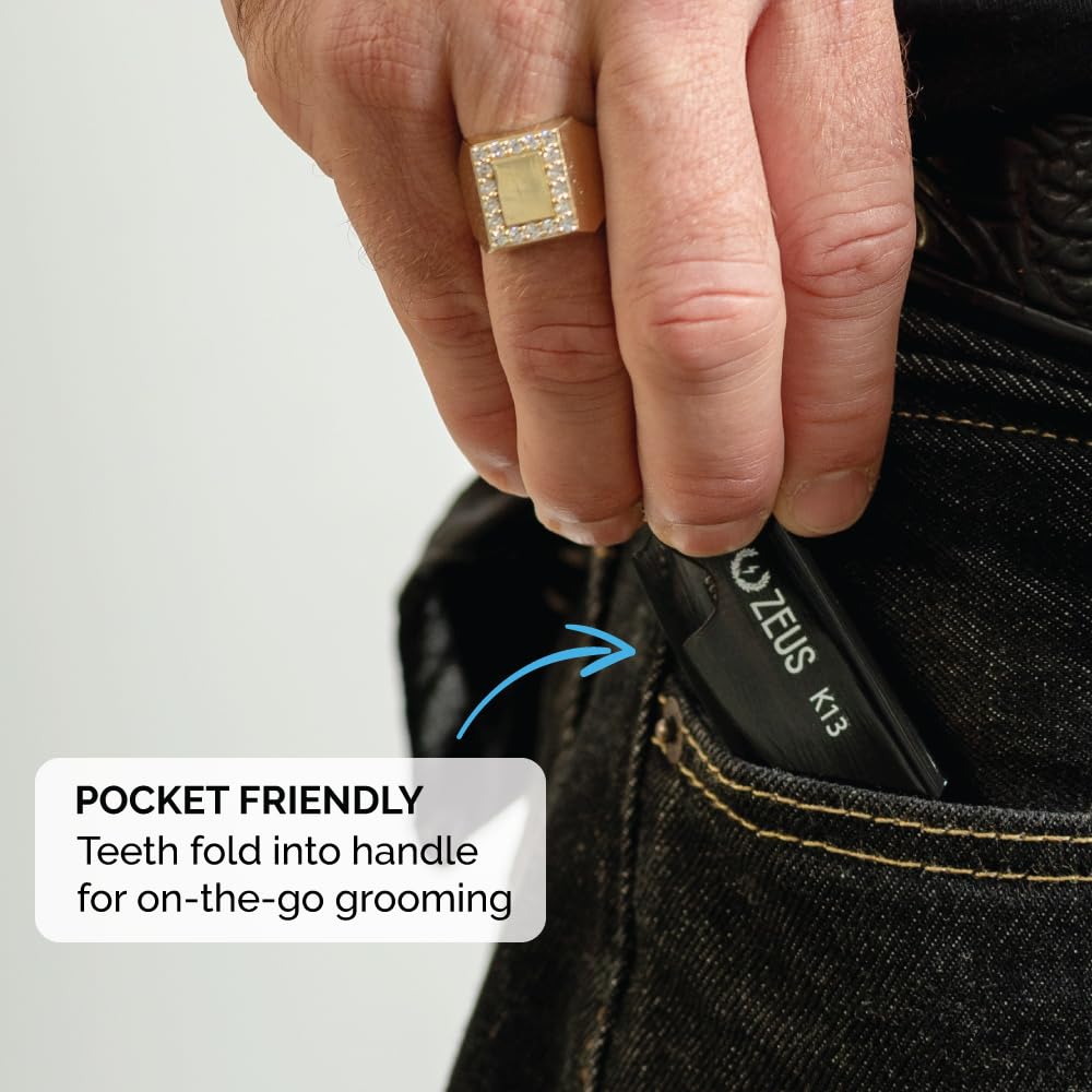 ZEUS Folding Mustache Comb for Men, Handmade Saw-Cut Pocket Comb for Men’s Beard & Moustache Grooming, Compact & Travel Friendly (Black) 3 PACK