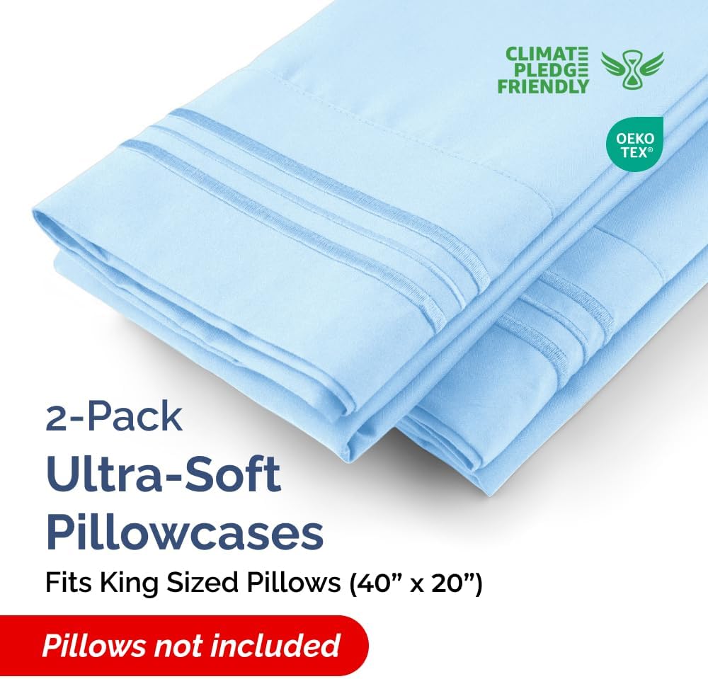 King Pillow Cases Set of 2 - Ultra Soft Hotel Quality Pillowcase Covers - Comfy, Cozy & Wrinkle Free - Shrinkage, Stain & Fade Resistant - Machine Washable Pillow Protectors - 2 Piece Set - Light Blue