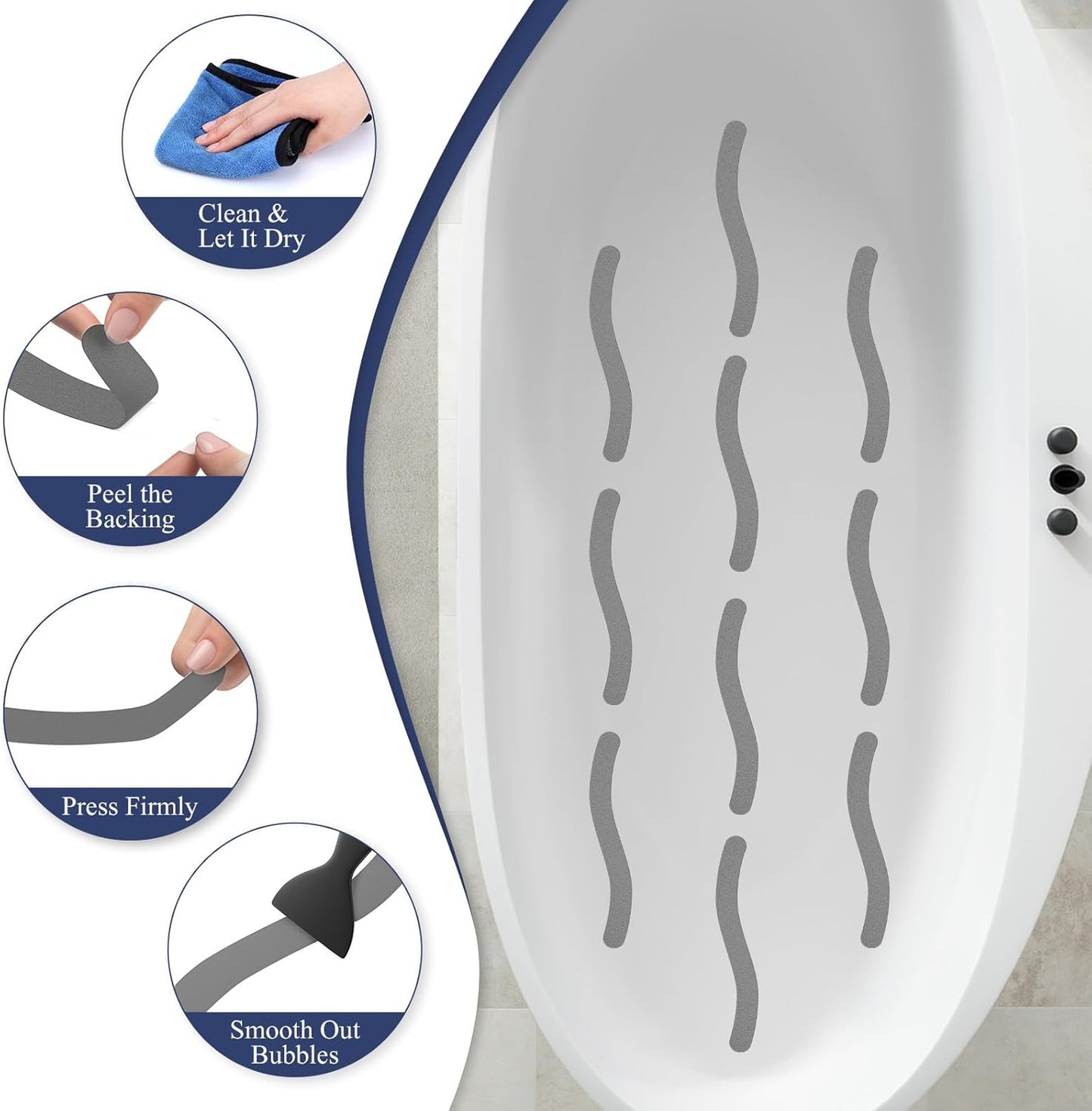 28 PCS Shower Floor Non Slip Stickers with Strong Adhesive, Invisible & Durable Anti Slip Shower Stickers with Scraper for Bath Tub, Pools and Stairs(Grey,Wavy)
