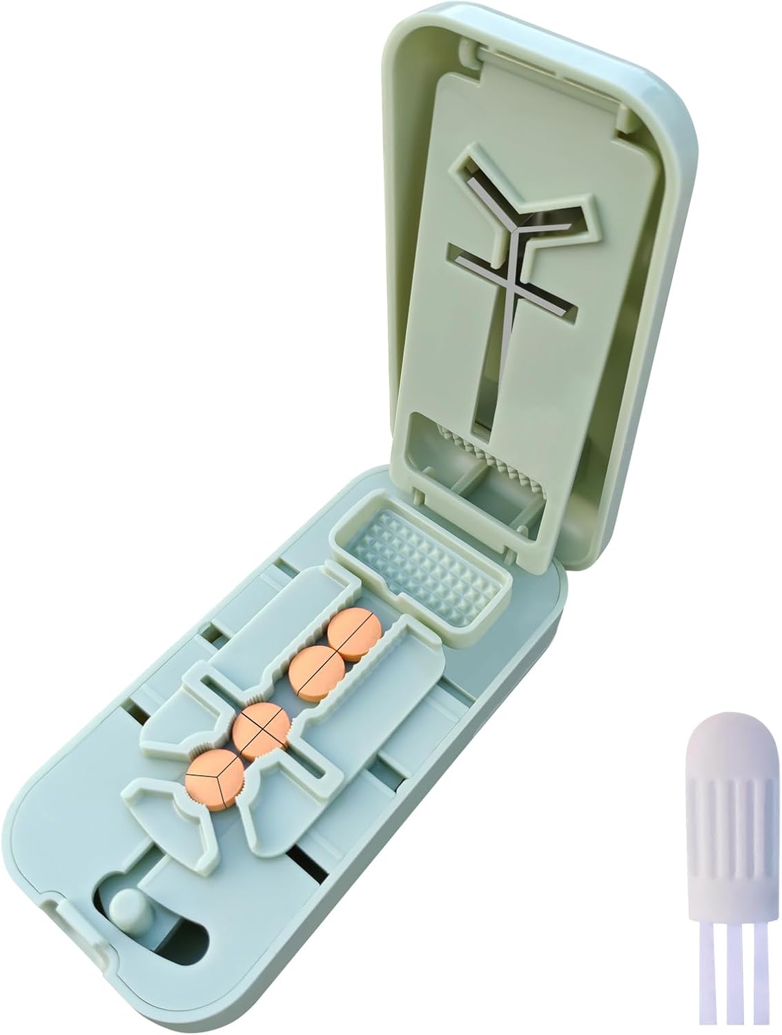 Pill Cutter for Cutting Multiple Pills, Pill Cutter for Large, Small and Tiny Pills 1/2 1/3 1/4, with Centering Device, Crusher, Brush and Storage Box