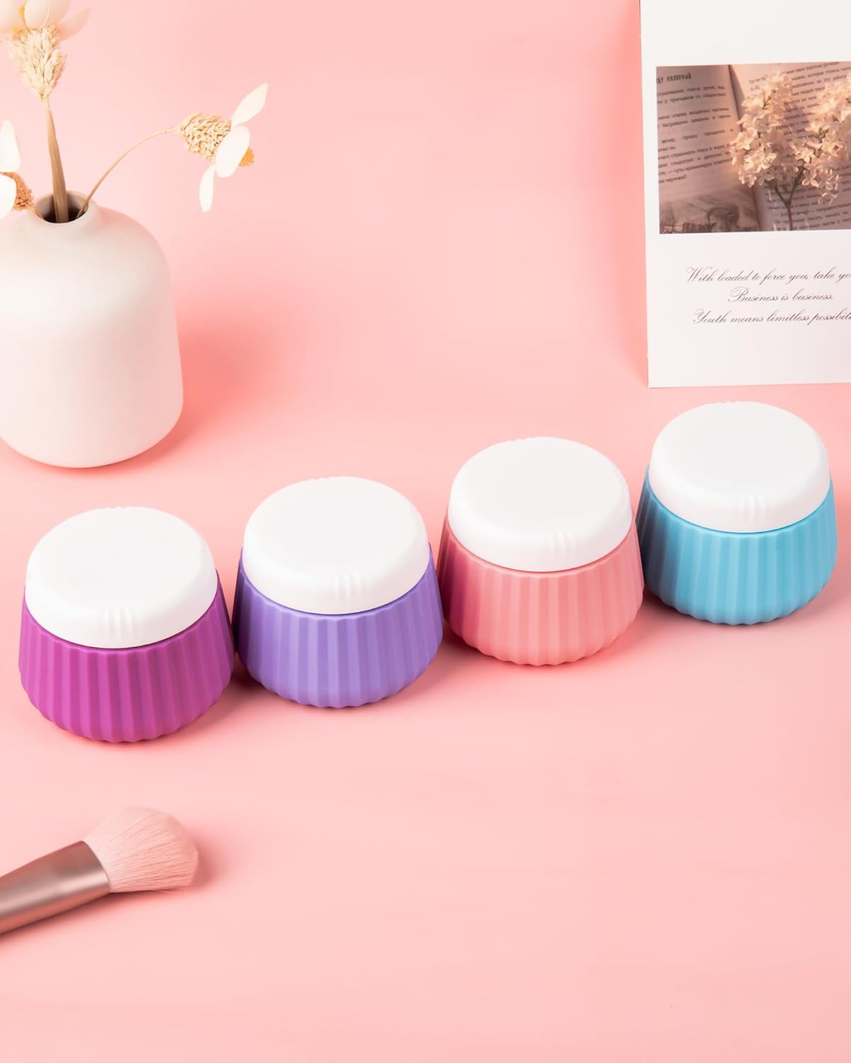 4 Pack Travel Size Silicone Jars, TSA Approved, Leak Proof, Bright Colors, 90ml Each, Cylindrical, With Clear Bag