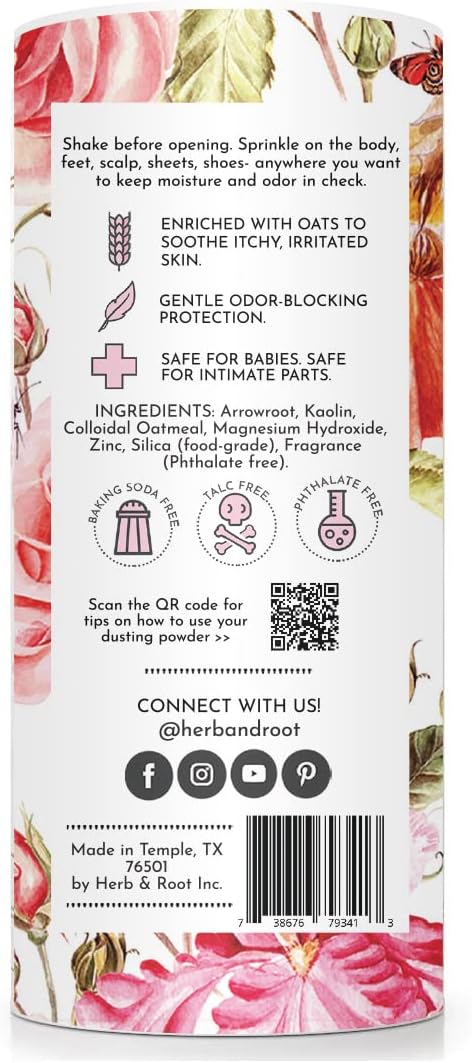 Herb & Root Rose Scented Talc-Free Dusting Powder for Women: Anti-Chafing Body Powder with Arrowroot and Oats, 6 oz