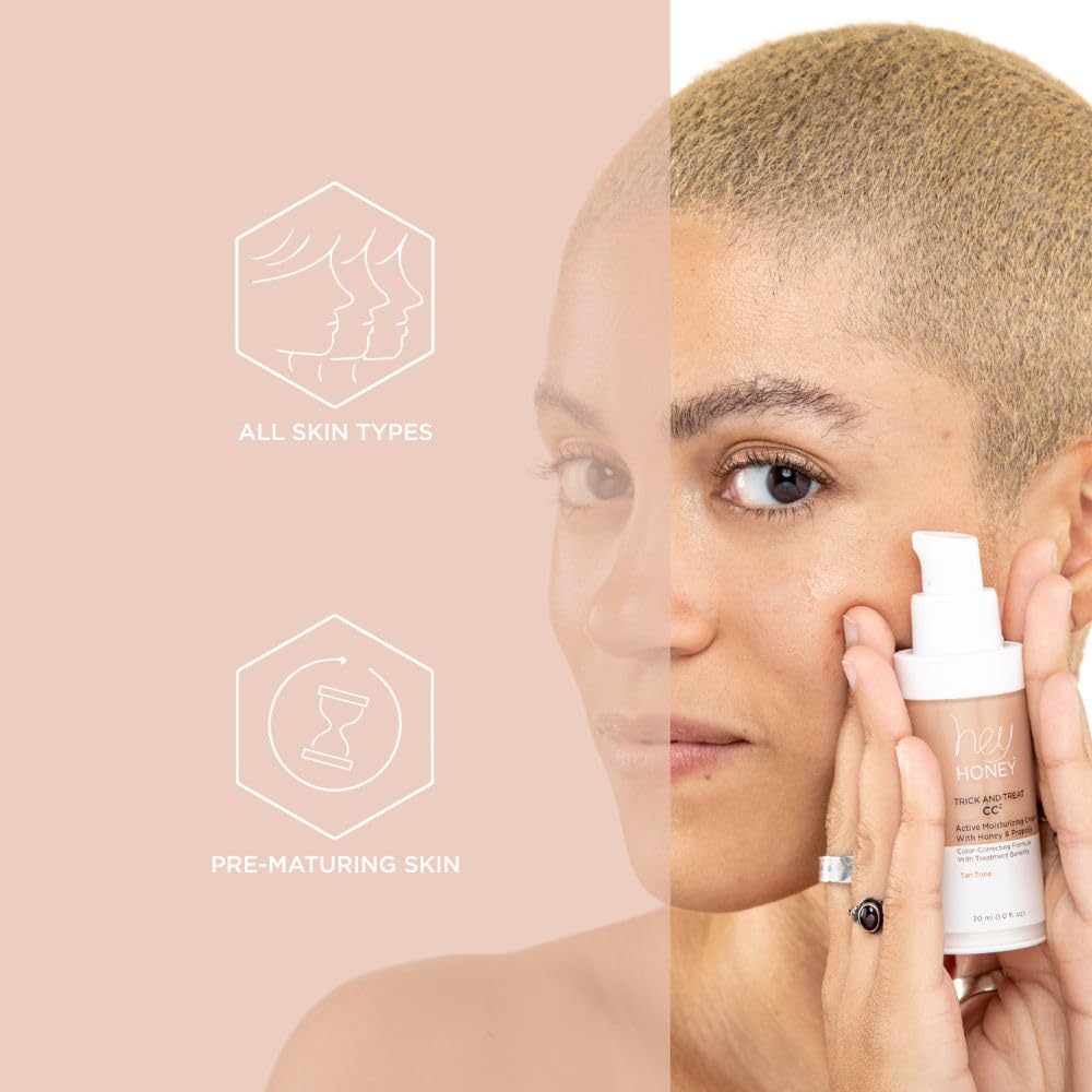 Hey Honey Trick and Treat CC² Cream SPF 46 | Active Moisturizing Color Correcting Cream with Honey & Propolis | Best Cover For Rosacea, Skin Redness & Mature Skin | Cruelty-Free | 1 oz (Deep Tan)