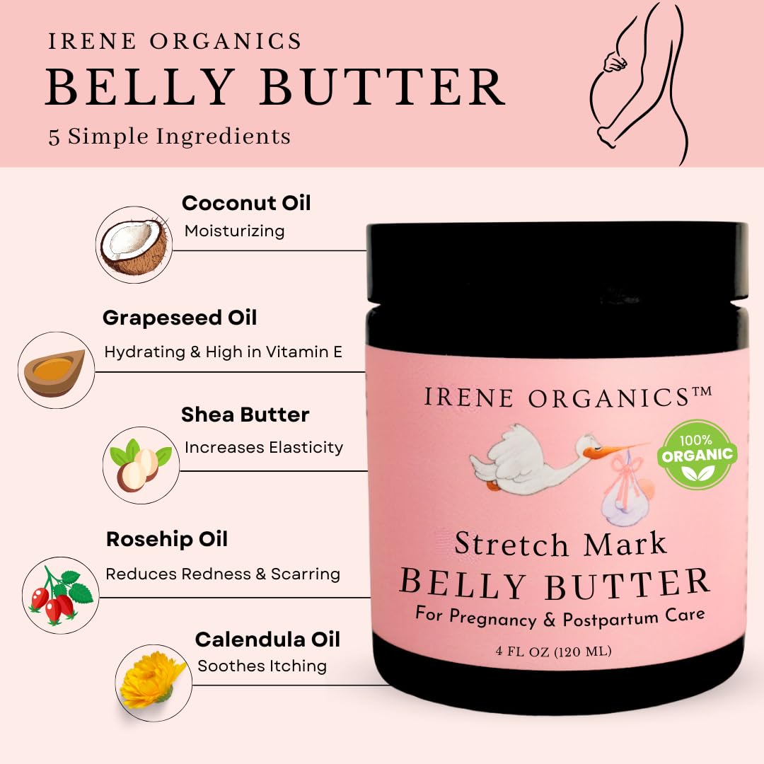 Organic Belly Butter for Pregnancy Stretch Mark Prevention and Treatment by Irene Organics - Award Winning Anti Stretch Mark Tummy Balm For Pregnancy and Postpartum 4oz - Hydrating Bump Cream