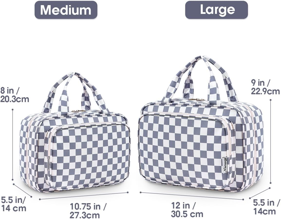 Narwey Travel Toiletry Bag for Women Large Hanging Makeup Bag Organizer Toiletries Bag for Full Size Essentials Accessories Cosmetics (Grayish Blue Checkerboard (Large))