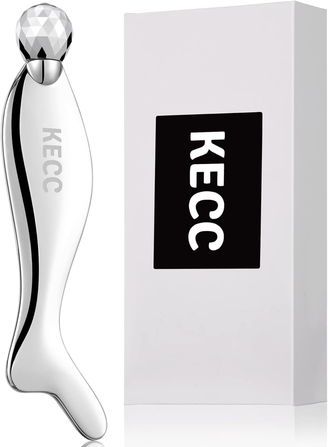 KECC Gua Sha Facial Massager (Fishtail),Stainless Steel Cold Roller Sticks for Face Eyes,Crescent Line Chin Lift Tightening Skin Tool, 4 Edges Drainage Sculpting Beauty Tool