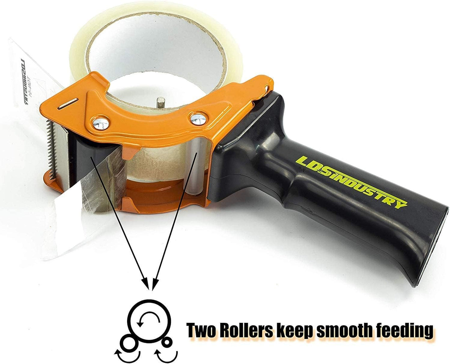 Rapid-Replace Packing Tape Dispenser Gun with Extra Blade by LDS Industry, 2 in (50mm) Lightweight Ergonomic Industrial Handheld Heavy Duty Tape Cutter for Carton, Packaging and Box Sealing, Orange